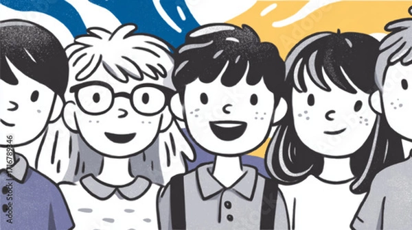 Fototapeta four children smiling happily against a colorful background
