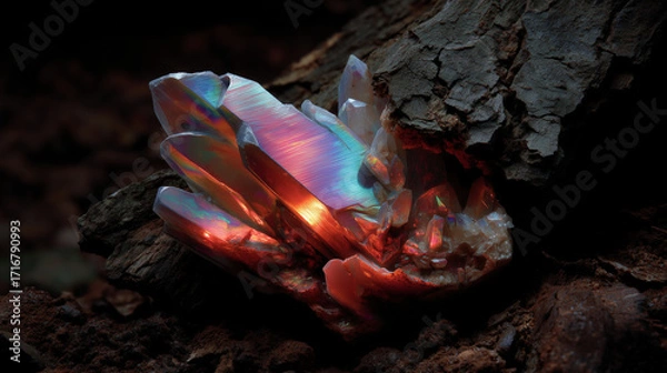Fototapeta Colorful crystal cluster in rocky environment