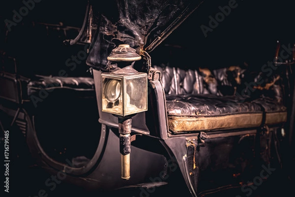 Fototapeta Old vintage carriage lamp with gothic, mysterious mood. Dark, dramatic light creates retro Halloween-style atmosphere.