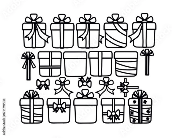 Fototapeta Gift boxes with bows, ribbons, patterns, decorations, hand-drawn designs with black outlines, on a transparent background, for printing and design.