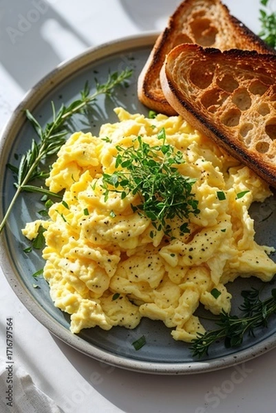 Fototapeta Fluffy scrambled eggs with fresh herbs and toasted bread, a delicious breakfast meal for food bloggers and restaurants