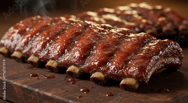 Fototapeta Closeup on a rack of smoky barbecue pork ribs, with steam gently rising, indicating they are hot and freshly prepared