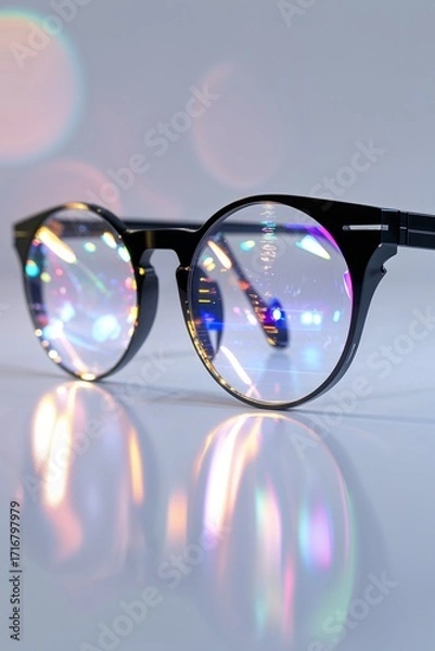 Fototapeta Stylish round eyeglasses reflecting vibrant light and colors, perfect for fashion, optics, and vision care concepts