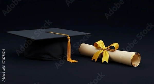 Fototapeta A black graduation cap with a gold tassel and a rolled diploma tied with a yellow ribbon on a dark background