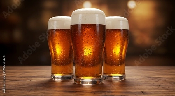 Fototapeta Three glasses of golden beer with frothy heads on a wooden table, illuminated by warm light, creating a cozy pub atmosphere