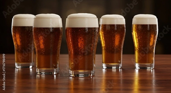 Fototapeta A group of five glasses filled with golden beer, showcasing their frothy heads and condensation, set against a softly blurred background