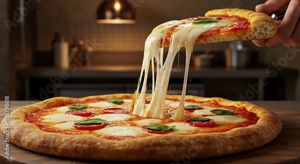 Fototapeta A delicious slice of pizza is being pulled from a whole pizza, with melted cheese stretching in long strands