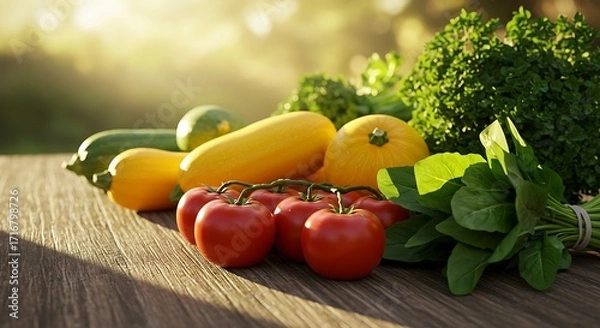 Fototapeta A fresh assortment of ripe vegetables including tomatoes, zucchini, squash, and leafy greens, bathed in warm sunlight