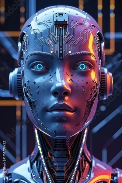 Fototapeta Stunning futuristic cyborg portrait with glowing eyes, showcasing cutting-edge AI technology and innovation in a vibrant, modern design