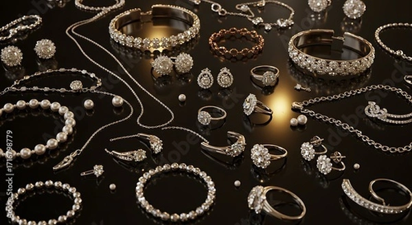 Fototapeta A luxurious collection of diamond jewelry including necklaces, bracelets, rings, and earrings, all sparkling