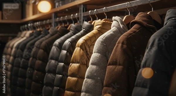 Fototapeta A diverse collection of puffer jackets hanging on a rack, showcasing various colors and textures for a stylish winter wardrobe