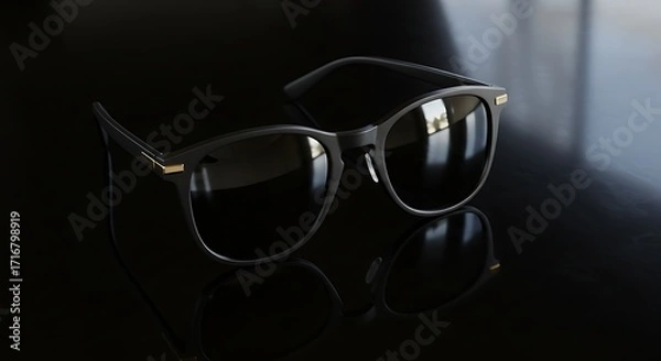 Fototapeta Elegant black sunglasses with subtle gold accents on the frame, featuring dark lenses and a reflective surface in a studio setting