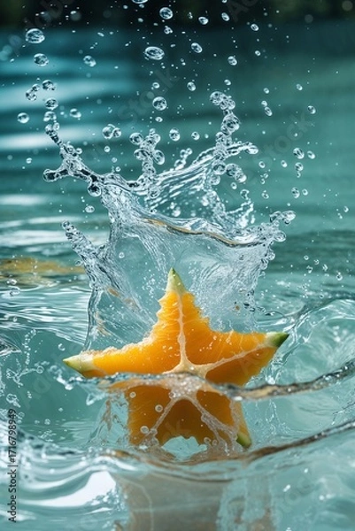 Fototapeta Vibrant orange slice splashing in water creating dynamic and refreshing summer vibes perfect for food and beverage advertising