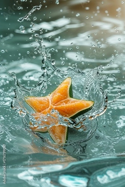 Fototapeta Dynamic star fruit slice splashing into water creating a refreshing burst of flavor, perfect for culinary and health concepts