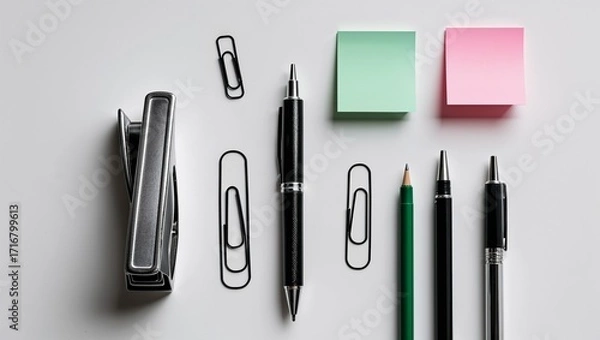 Fototapeta Elegant office supplies arranged on a clean white background, perfect for business, blogging, or creative projects.