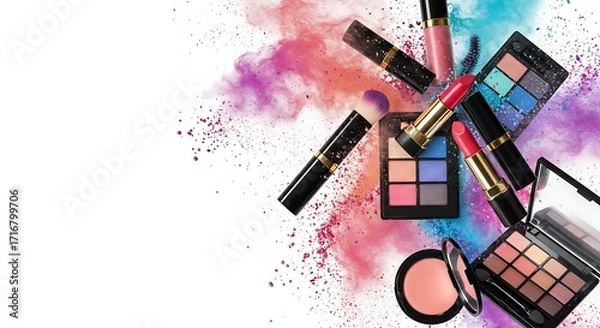 Fototapeta Assortment of makeup products, including eyeshadow palettes, lipsticks, and brushes, exploding with colorful powder on a white background