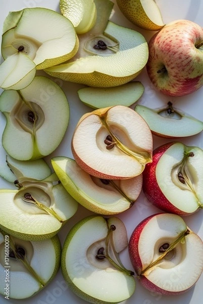 Fototapeta Freshly sliced apples and pears arranged on a white background, perfect for health, wellness, and food concepts