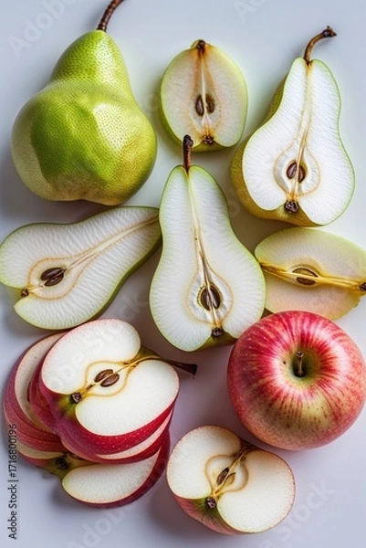 Fototapeta Fresh, vibrant pears and apples sliced and arranged on a white background, perfect for healthy eating and culinary visuals