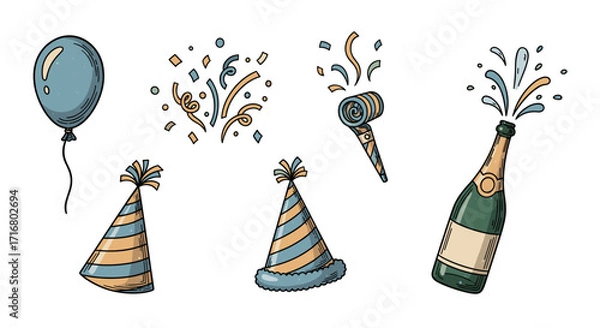 Fototapeta Festive collection of hand drawn party elements including balloon confetti party hats and champagne bottle