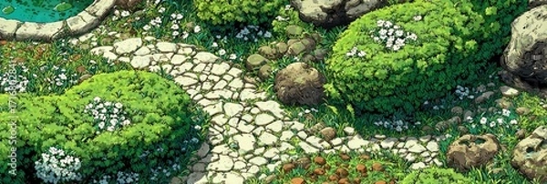 Fototapeta A pixellated garden path winds through lush greenery and amongst rocks