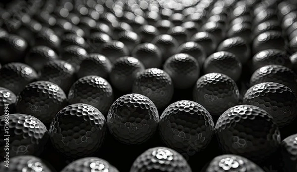Fototapeta monochromatic, high-contrast photograph featuring a pattern of golf balls. tightly packed arrangement, with the golf balls filling the entire frame, creating a sense of depth and repetition.