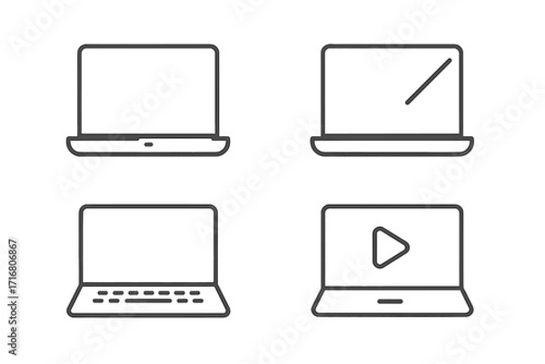 Fototapeta Minimalist laptop icons in linear style vector set. Computer pictogram collection. Modern notebook symbols for web and app design. Includes video play button, keyboard graphic.