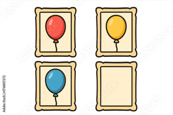 Fototapeta Set of colorful cartoon frames with balloons and an empty frame for copy space. Vector illustration sequence for children's learning game, party decoration, or storytelling.