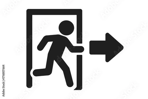 Fototapeta Exit symbol vector icon. Emergency fire exit sign with running figure. Evacuation route pictogram. Man running to a door. Safety, warning, and escape concept illustration.