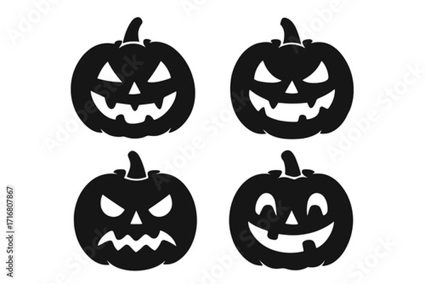 Fototapeta Set of black Halloween pumpkin silhouettes. Jack o lantern face icons with various emotions. Spooky, scary, happy, angry expressions. Vector graphic for holiday design.