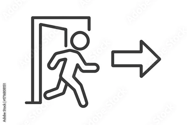 Obraz Exit symbol linear icon. Man running from door with arrow. Emergency evacuation sign concept. Way out pictogram. Safety, warning, and escape vector illustration.