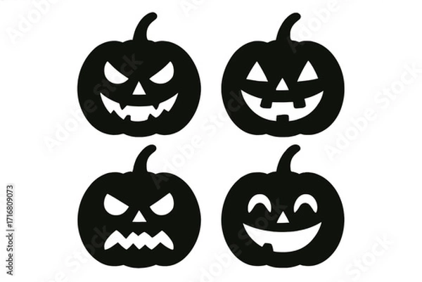 Fototapeta Halloween pumpkin silhouette icon set. Jack o lantern vector collection with different emotions. Spooky, happy, angry, funny carved faces for autumn holiday design.