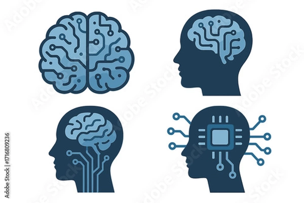 Obraz Artificial intelligence vector icon set. Head silhouette with brain, circuit board and computer chip. Concept for machine learning, deep learning, mind technology metaphor.