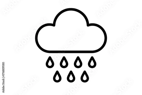 Fototapeta Rain cloud weather icon vector illustration. Simple line art drawing of a rainy day. Meteorology forecast symbol. Minimalist storm and raindrop graphic element for web design.