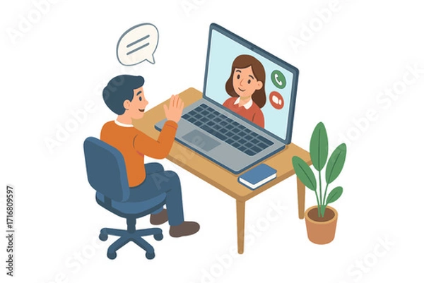 Obraz Man on video call with woman. Online meeting concept for remote work. Virtual conference from home office. Person talking on laptop webcam. Communication technology vector.