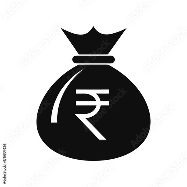 Fototapeta Money Bag Icon with Indian Rupee money sack silhouette vector on a white background