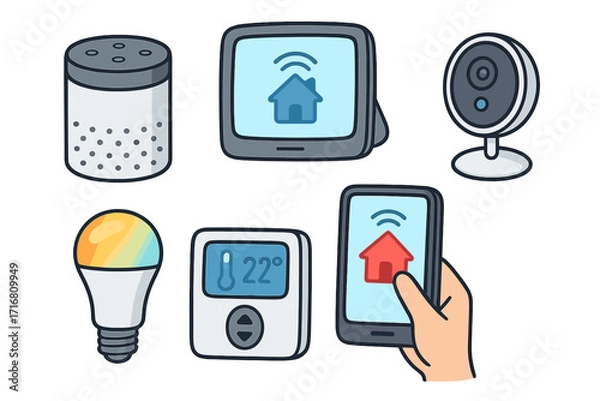 Obraz Smart home devices vector icon set. IoT automation technology for modern living. Includes smart speaker, security camera, lightbulb, thermostat, phone app control. Cartoon illustration.