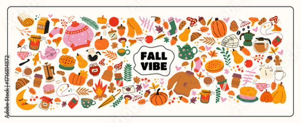 Obraz Cozy autumn stickers. Fall doodle vector set with pumpkins, sweaters, hot drinks, leaves, hygge vibes, harvest season clipart