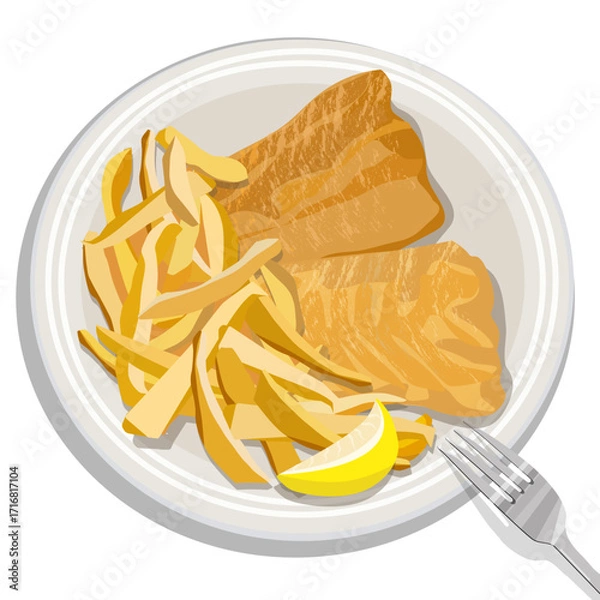 Fototapeta Fried cod with French fries and a lemon slice on a white plate with a steel fork. Traditional Greek cuisine. Vector food illustration.