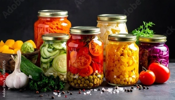 Obraz Assorted preserved vegetables in jars
