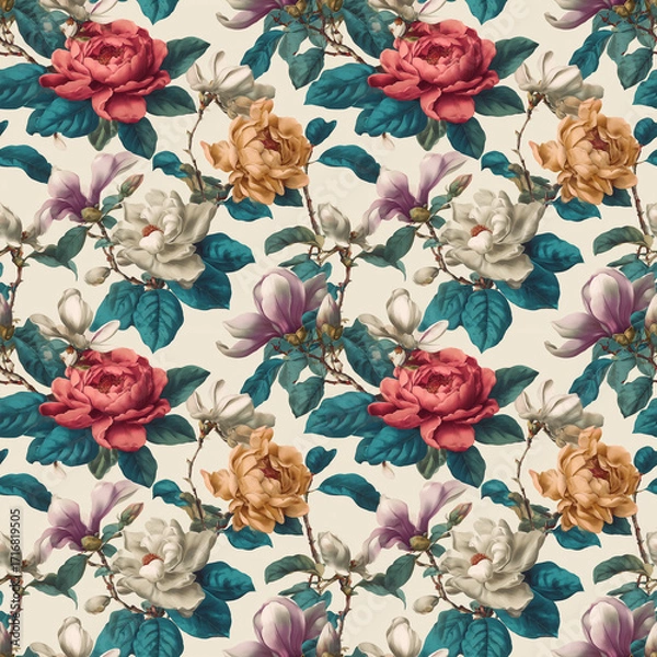 Fototapeta Floral Elegance: A seamless, elegant pattern of blooming roses, magnolia, and leaves unfolds, evoking a sense of timeless beauty and charm.