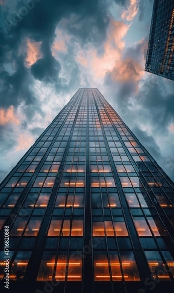 Fototapeta Skyscraper from ground perspective, towering into the sky with glass facade reflections.
