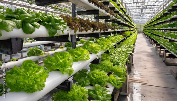Fototapeta hydroponic structures with a variety of vegetable crops grown on them, selected on a floor-by-floor basis