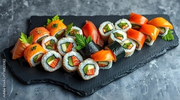 Fototapeta Colorful Sushi Rolls on Black Slate for Food Blogs and Social Media Posts