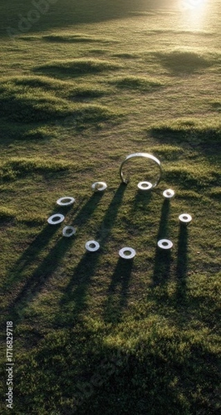 Fototapeta Metal rings arranged on grass, illuminated by sunlight, casting long shadows