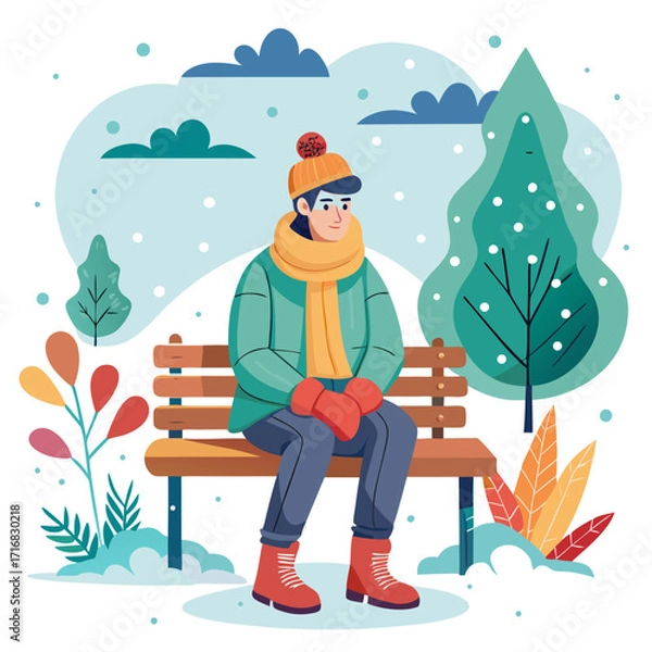 Fototapeta Vector Art of Person Sitting on Bench in Snowy Park Wearing Winter Clothing with Trees and Falling Snow