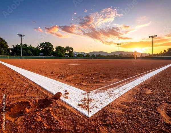 Fototapeta A vibrant outdoor baseball field at sunset, showcasing a dramatic reddish-brown earth surface and bright white baselines, with a tranquil sky filled with colorful clouds.