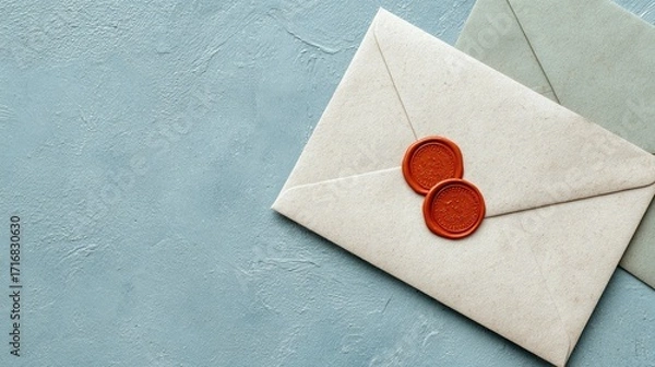 Fototapeta Two sealed letters with wax seals on blue textured surface