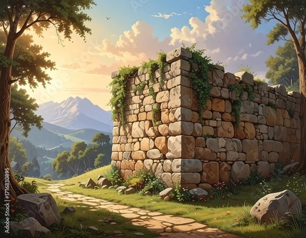 Fototapeta A sun-drenched landscape unfolds, revealing a weathered stone wall at the edge of a grassy path, leading to a vista of rolling hills and distant mountains.