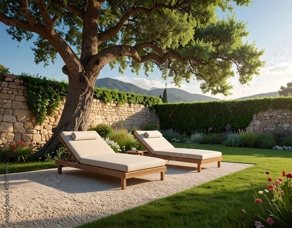 Fototapeta Two sun loungers under a large tree in a sun-drenched garden with a stone wall and a grassy lawn.