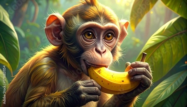 Fototapeta A captivating depiction of a young monkey engrossed in consuming a banana, highlighting detailed fur textures and jungle ambiance.